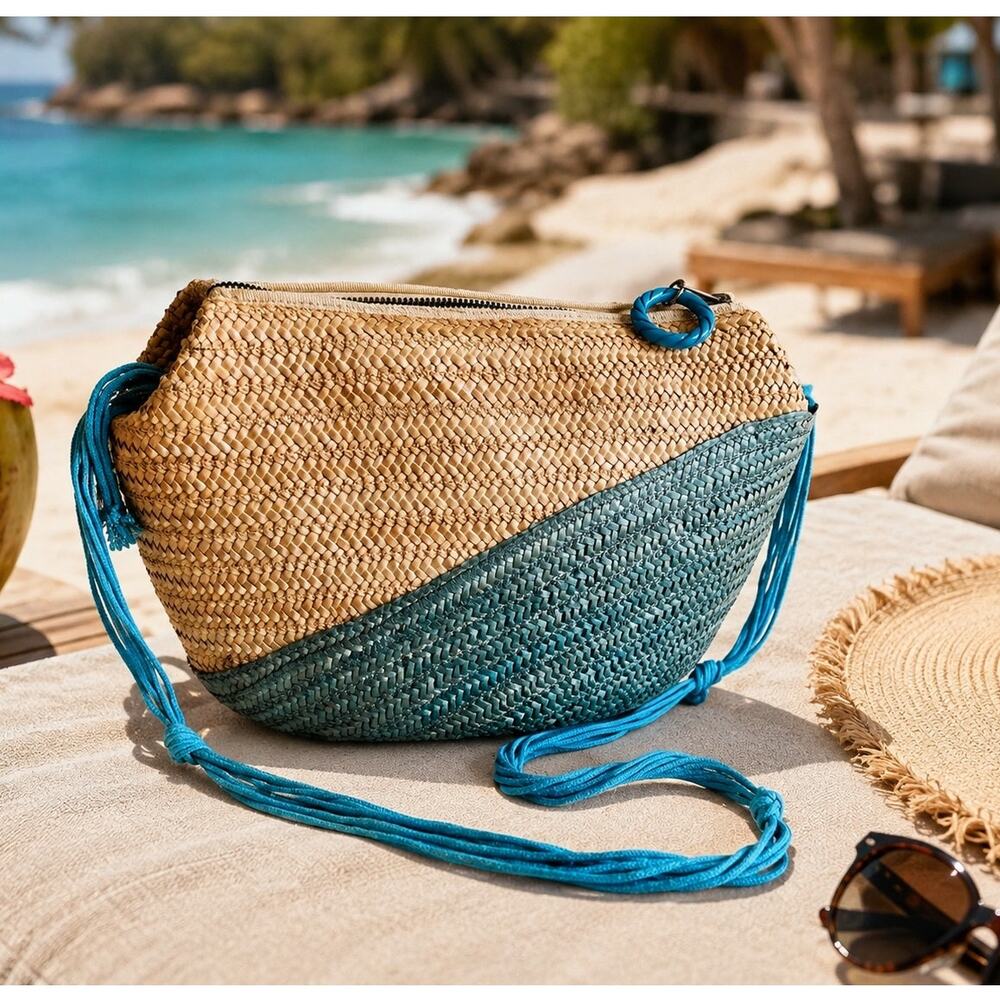 Barbara Bolan For Bolantoo Italy Woven Straw Shoulder Bag Blue Natural Raffia